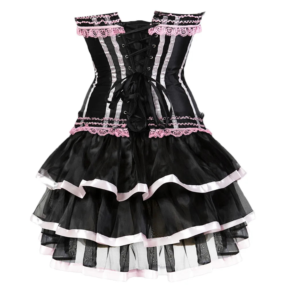 Striped Brocade Overbust Corset Dress | Tiered Ruffle Skirt | Burlesque & Cabaret | S–6XL