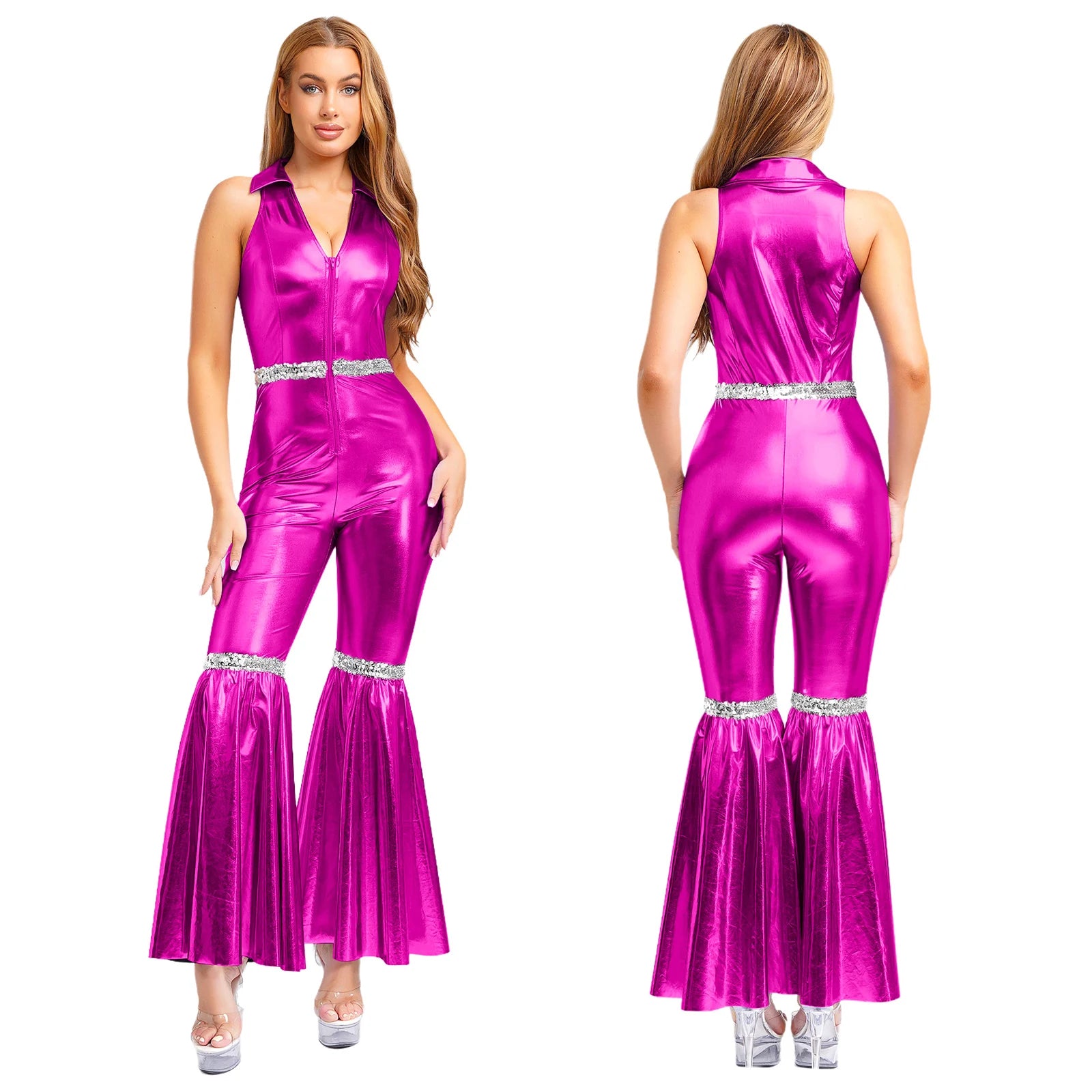Women's Sequin Jumpsuit | Sleeveless V-Neck | 70s Disco