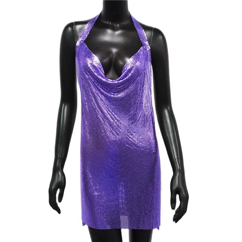 Metal Sequin Halter Mini Dress - Backless V-Neck Side Split Dress