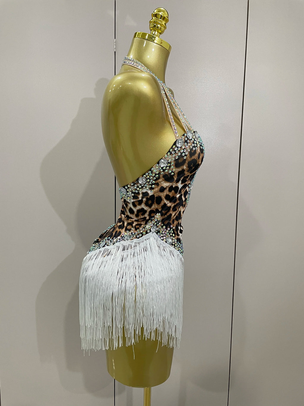 Leopard Print Rhinestone Tassel Bodysuit | Halter | S–XL