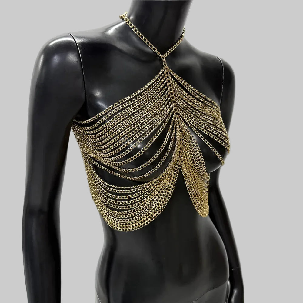 Metal Chain Tassel Halter Crop Top - Sheer Backless Camisole