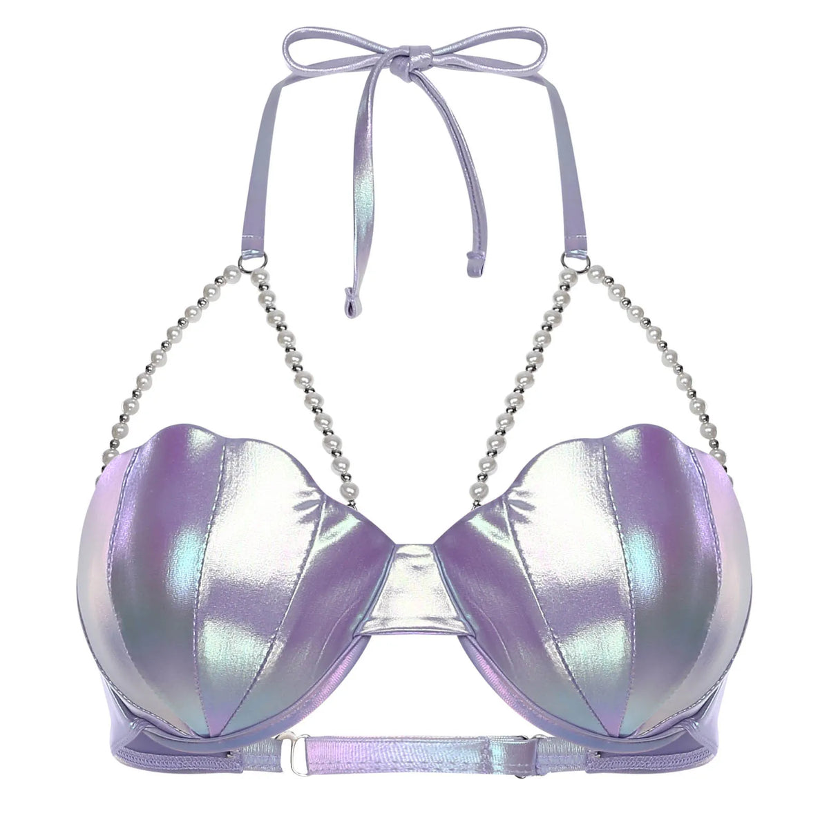 Mermaid Shell Bikini Bra Top | Iridescent Halter with Pearl Chains