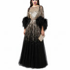 Sequin Feather Cuff Gown | Crystal Beaded | Black & Fuchsia