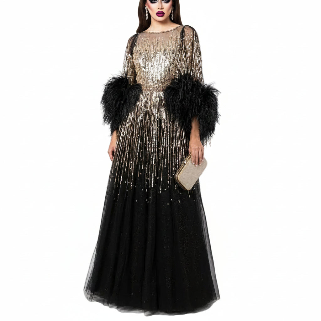Sequin Feather Cuff Gown | Crystal Beaded | Black & Fuchsia
