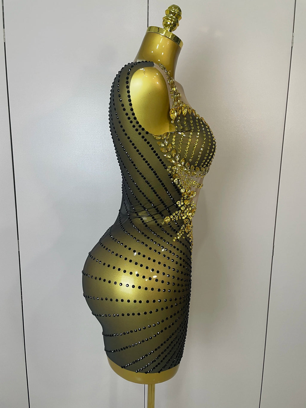 Gold Rhinestone Mesh Mini Dress | Fringe Skirt | Stage & Club