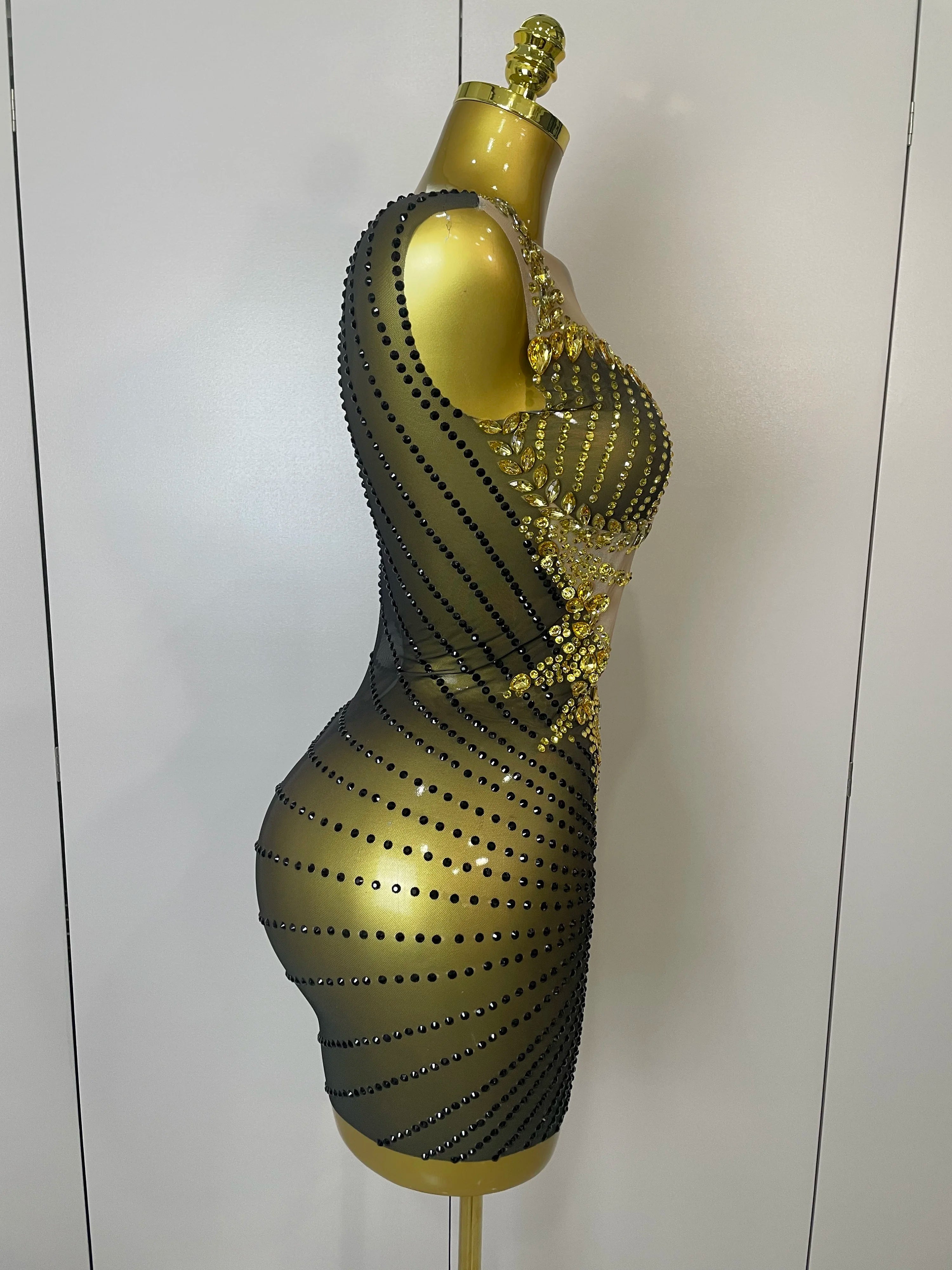 Gold Rhinestone Mesh Mini Dress | Fringe Skirt | Stage & Club
