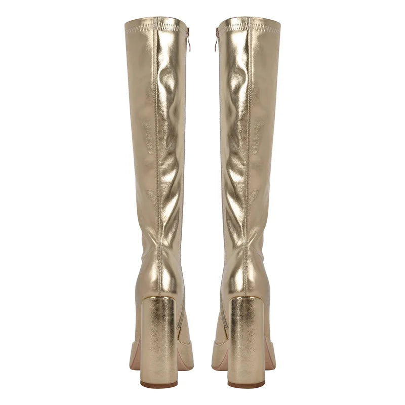 Platform Knee-High Boots | Square Toe Side Zip | 12cm Heel | Sizes US 5–15