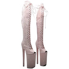 26cm Thigh-High Platform Boots - Open Toe Lace-Up Dance Boots