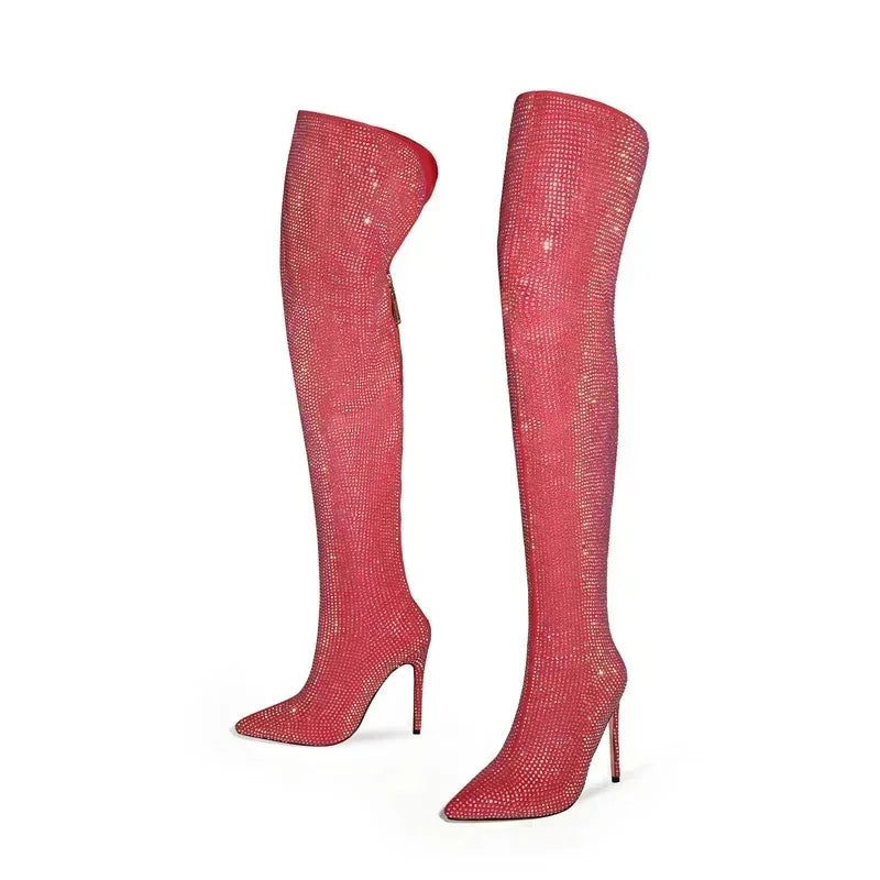Rhinestone Over-the-Knee Stiletto Boots | Pointed Toe 12cm | 5 Colors