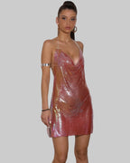 Metallic Sequin Halter Mini Dress - Deep V-Neck with Side Split