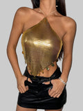 Metal Sequin Tassel Halter Crop Top - Backless Bandage Camisole