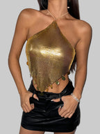 Metal Sequin Tassel Halter Crop Top - Backless Bandage Camisole