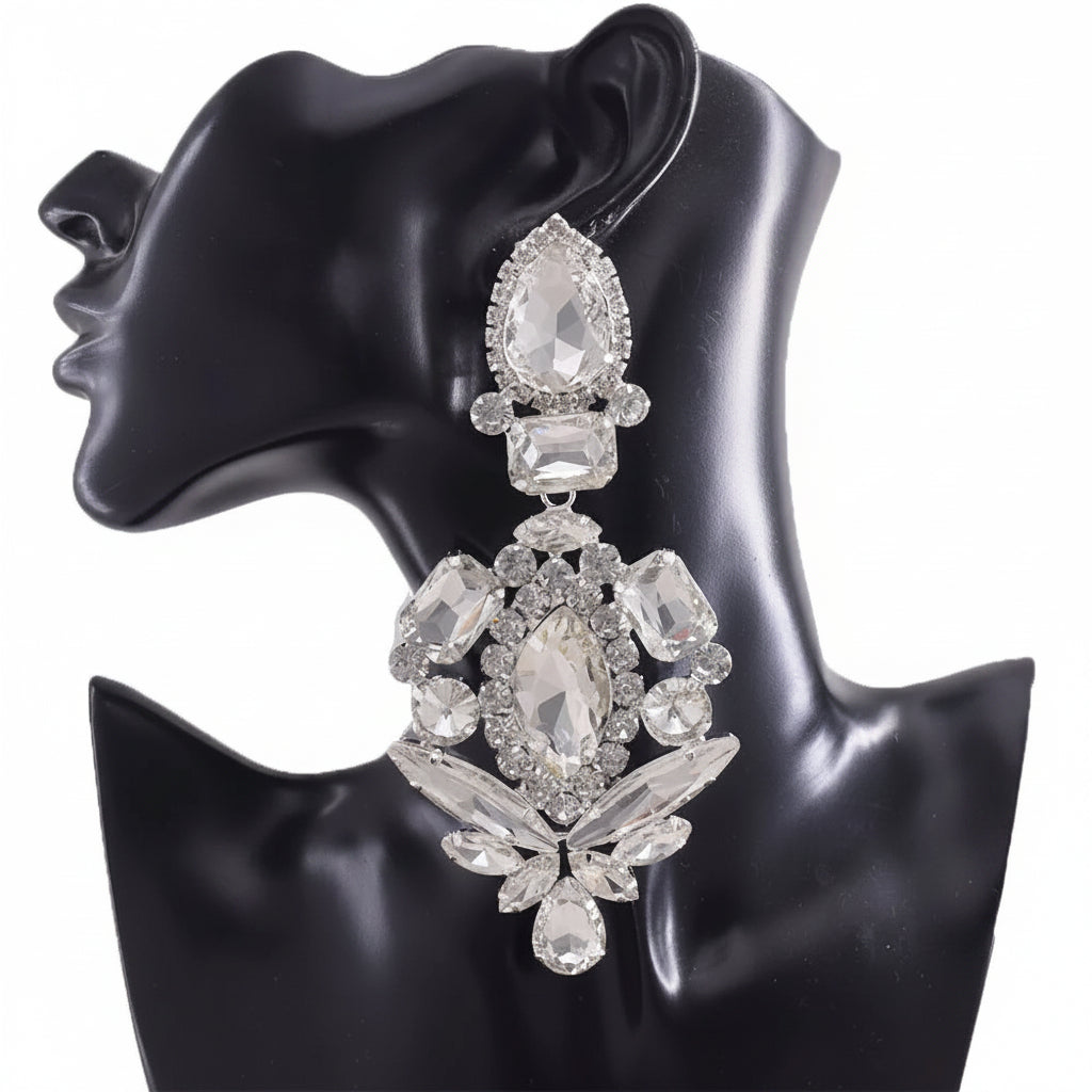 Crystal Dangle Drop Earrings | Clip-On | Oversized