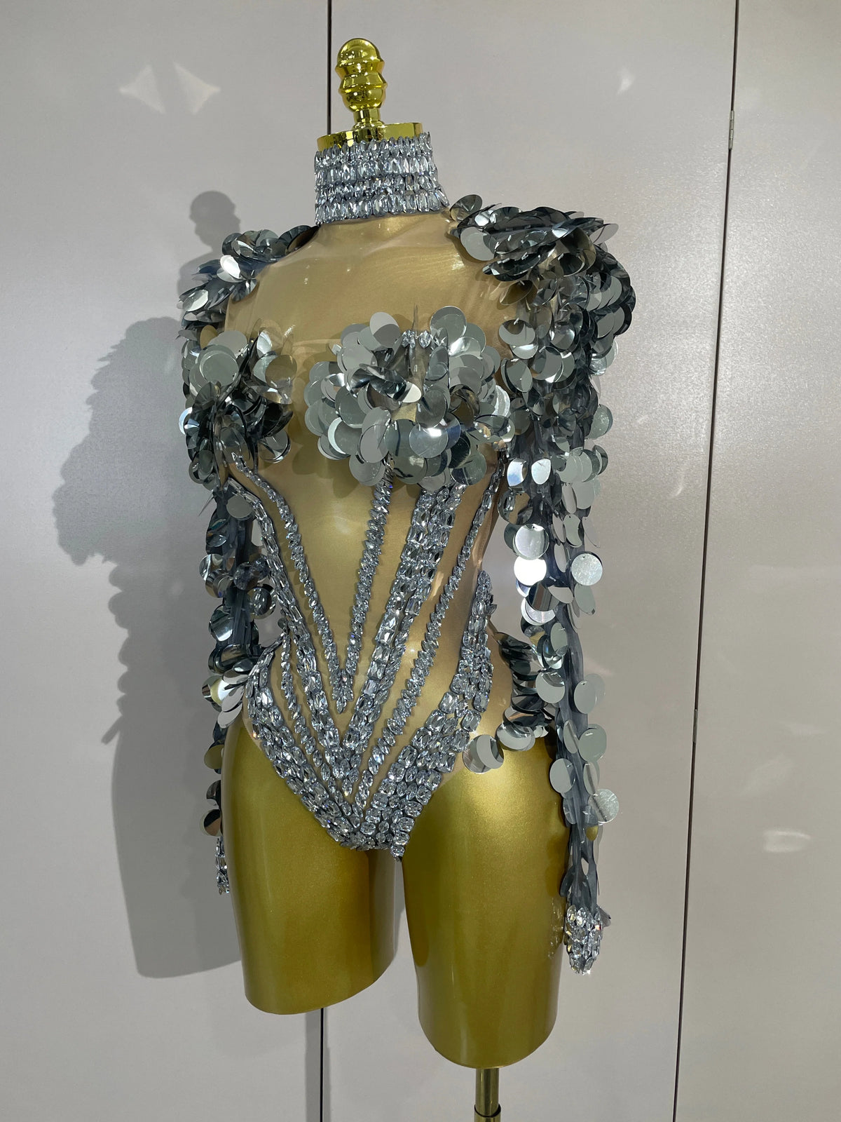 Silver Mirror Gem Bodysuit | Sculptural Shoulders | Stage