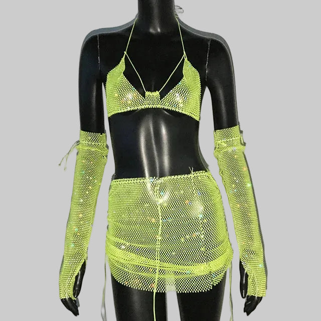 Rhinestone Three-Piece Set - Backless Crop Top, Skirt & Sleeves