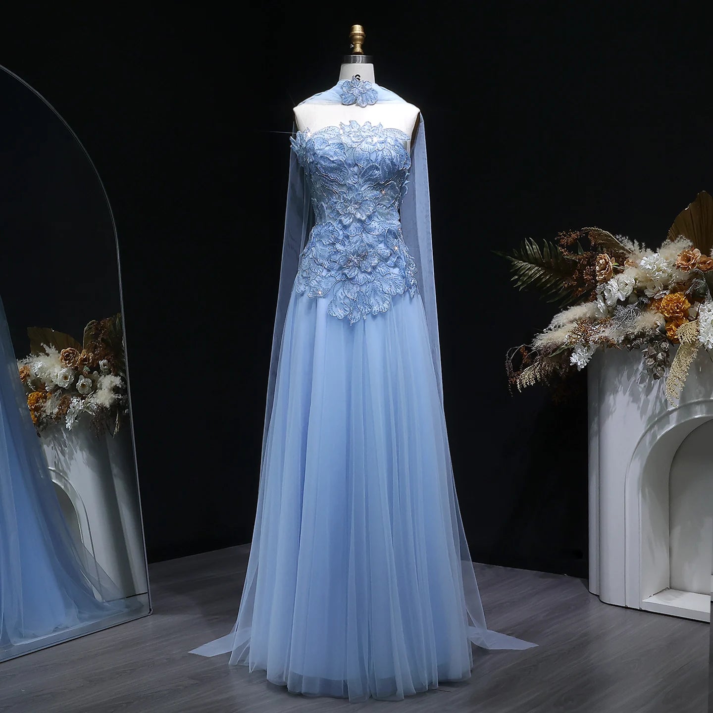 Appliqué Beaded A-Line Gown | Strapless | Scarf Overlay