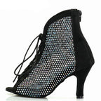 Rhinestone Latin Dance Boots | Black Mesh & Satin | Cuban Heel