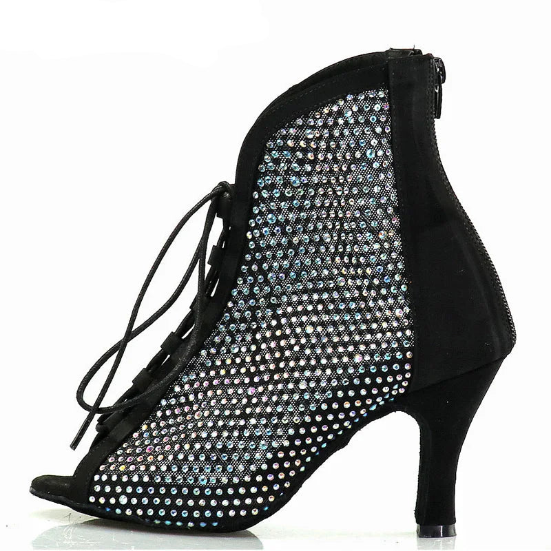 Rhinestone Latin Dance Boots | Black Mesh & Satin | Cuban Heel