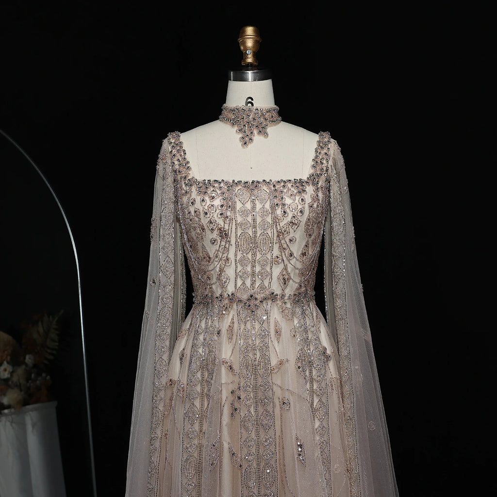 Crystal A-Line Gown | Cape Sleeves | Square Neck | Choker