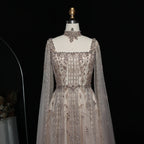 Crystal A-Line Gown | Cape Sleeves | Square Neck | Choker