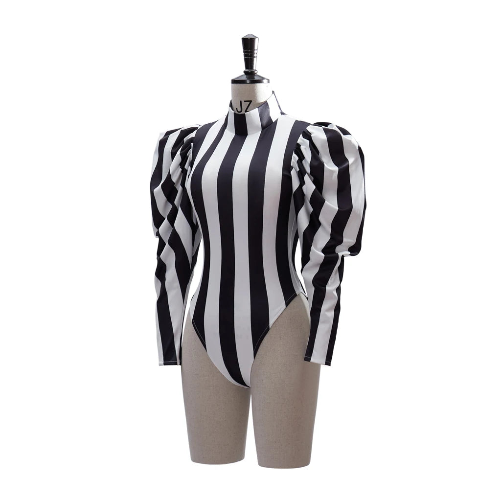 Striped Gothic Bodysuit | High Neck | Puff Sleeve