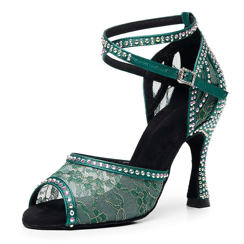 Rhinestone Lace Mesh Latin Dance Heels | Red & Green | 6–10cm