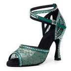 Rhinestone Lace Mesh Latin Dance Heels | Red & Green | 6–10cm