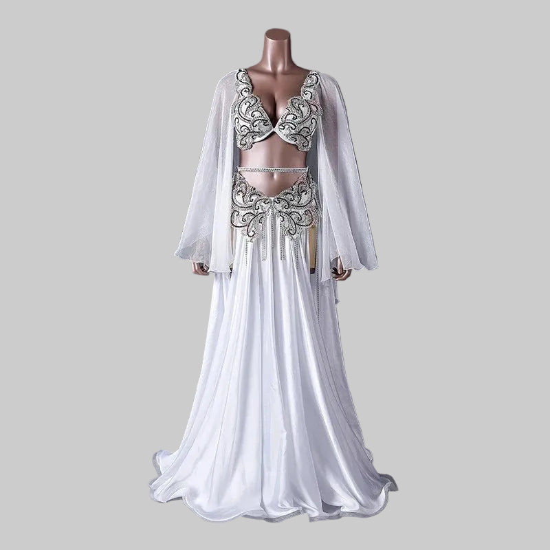 Egyptian Belly Dance Costume Set - Rhinestone Beaded Bra, Skirt & Sleeves