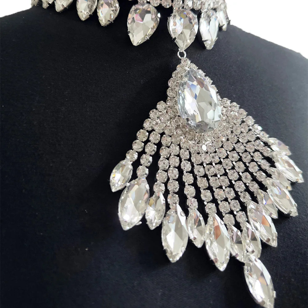 Rhinestone Tassel Choker Jewelry Set | Necklace & Earrings