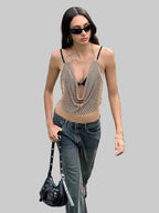 Full Diamond Sequin Halter Crop Top - Deep V-Neck Backless Tank