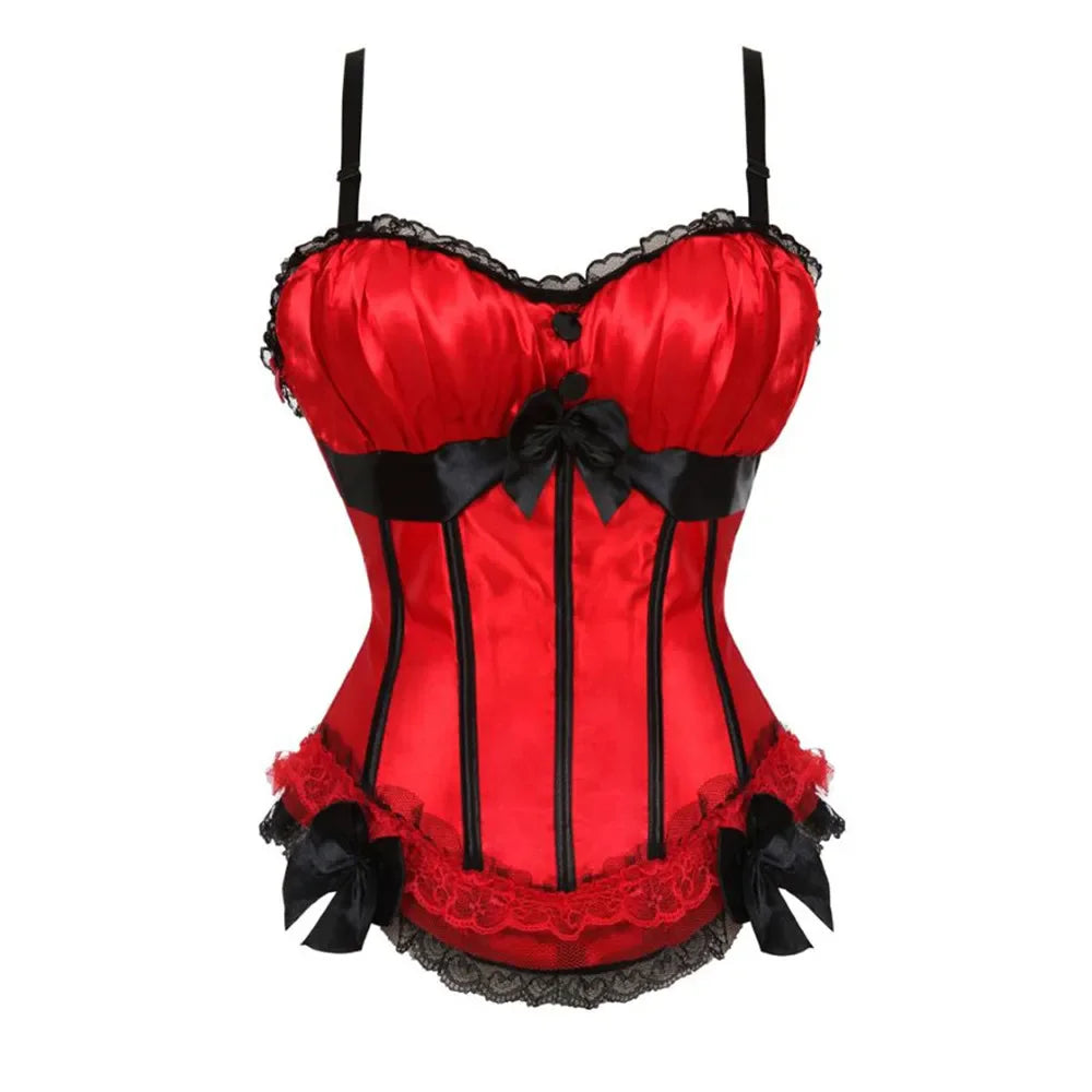 Red Satin Overbust Corset Dress | Layered Tulle Skirt | Burlesque & Gothic | S–2XL