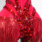 Red Crystal Fringe Bodysuit - Sheer Glitter Performance Wear for Drag Queens & Dancers