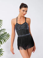 Women's Rhinestone Fringe Latin Dance Dress | Sheer Mesh & Tiered Tassel Skirt | Includes Arm Gloves