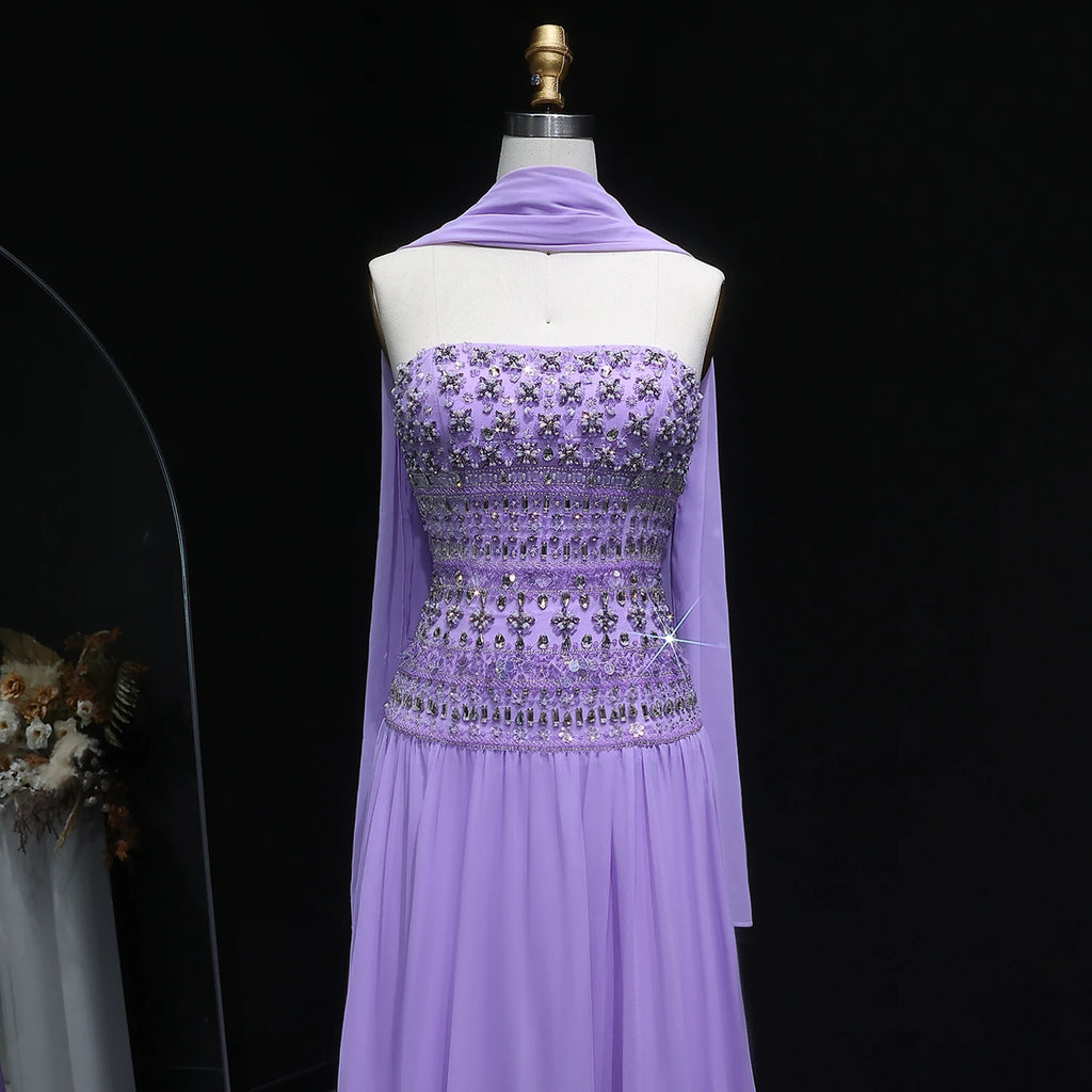 Beaded Bodice Chiffon A-Line Gown | Strapless | 6 Colors
