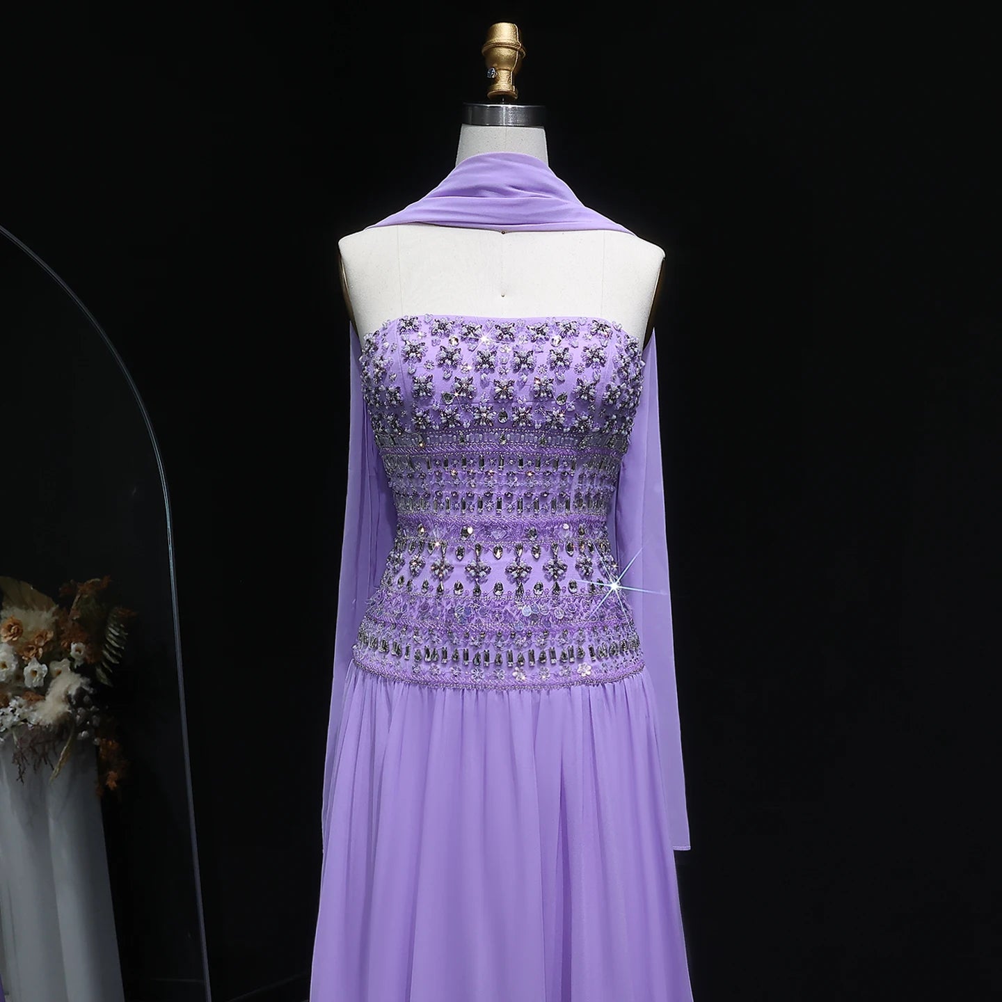 Beaded Bodice Chiffon A-Line Gown | Strapless | 6 Colors