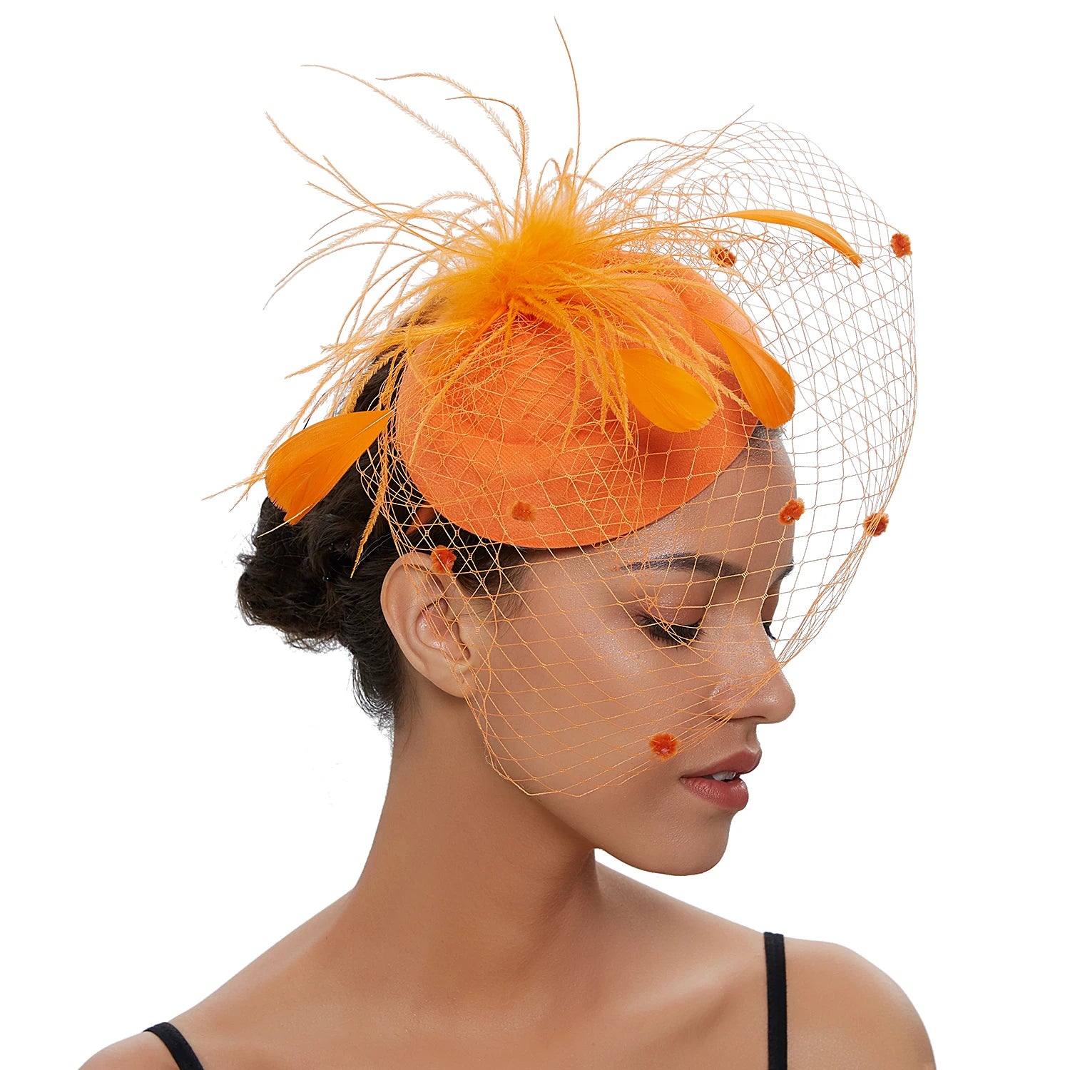 Pillbox Fascinator Hat | Fishnet Veil & Feather | 11 Colors