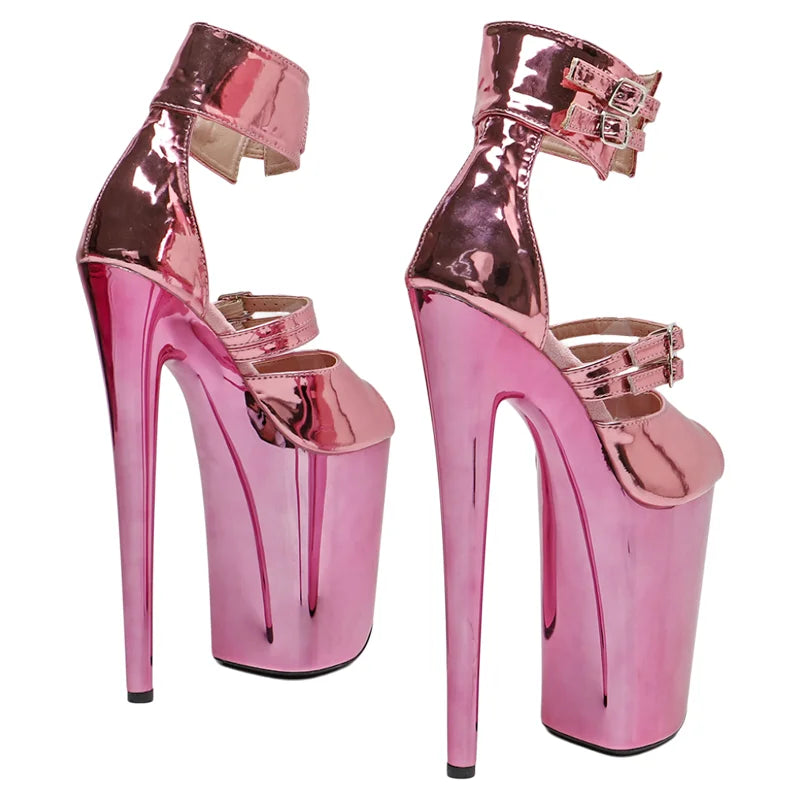 Shiny Platform Ankle Strap Sandals - 9 Inch Peep Toe Pole Dance Heels