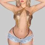 Metal Sequin Halter Crop Top - Backless Rhinestone Tassel Festival Top