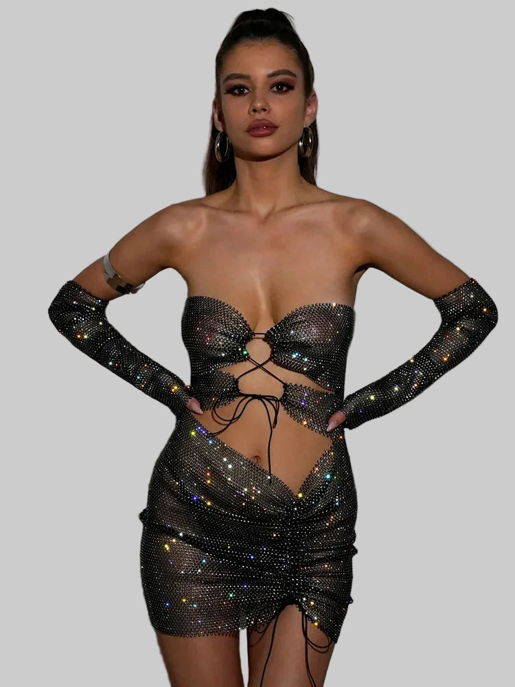 Rhinestone Diamond Two-Piece Set - Strapless Crop Top & Split Mini Skirt