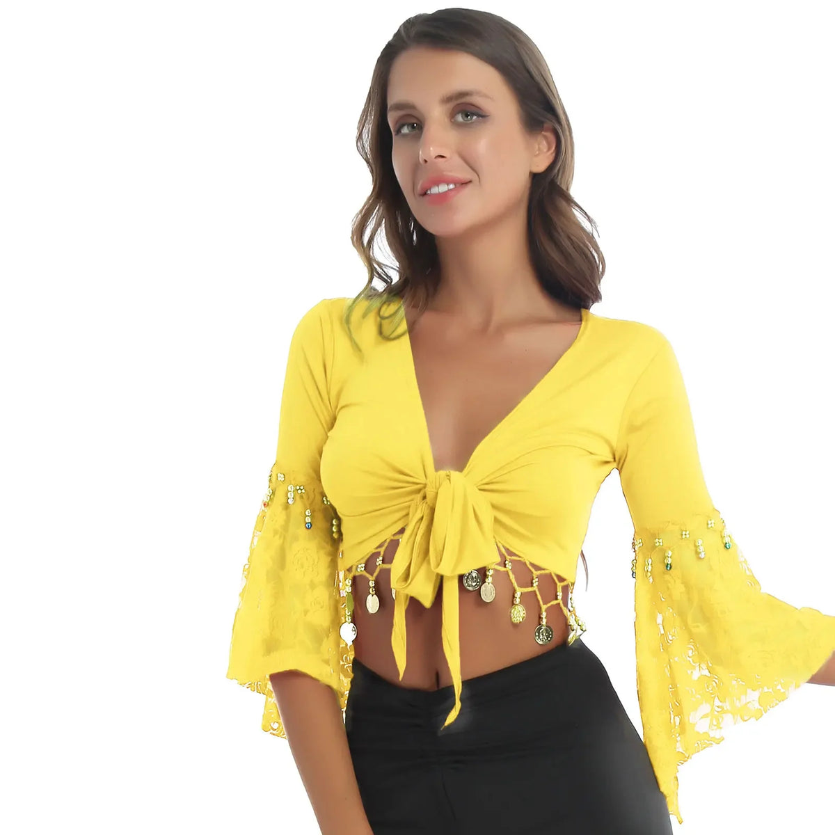 Coin & Bead Tassel Bolero | Bell Sleeve Belly Dance Shawl Top | 8 Colours | M–6XL