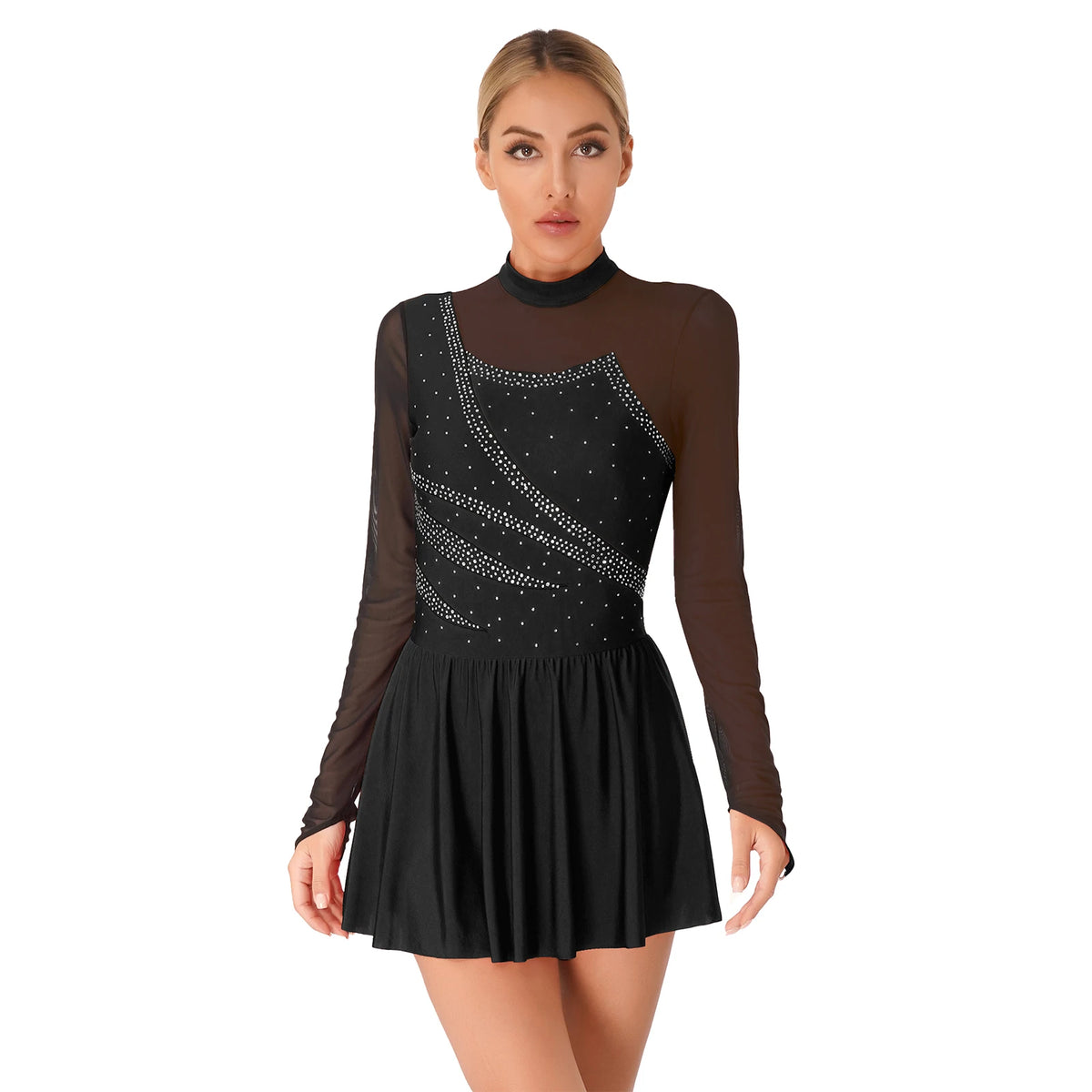 Rhinestone Skating Dress | Mesh Skirt | Long Sleeve