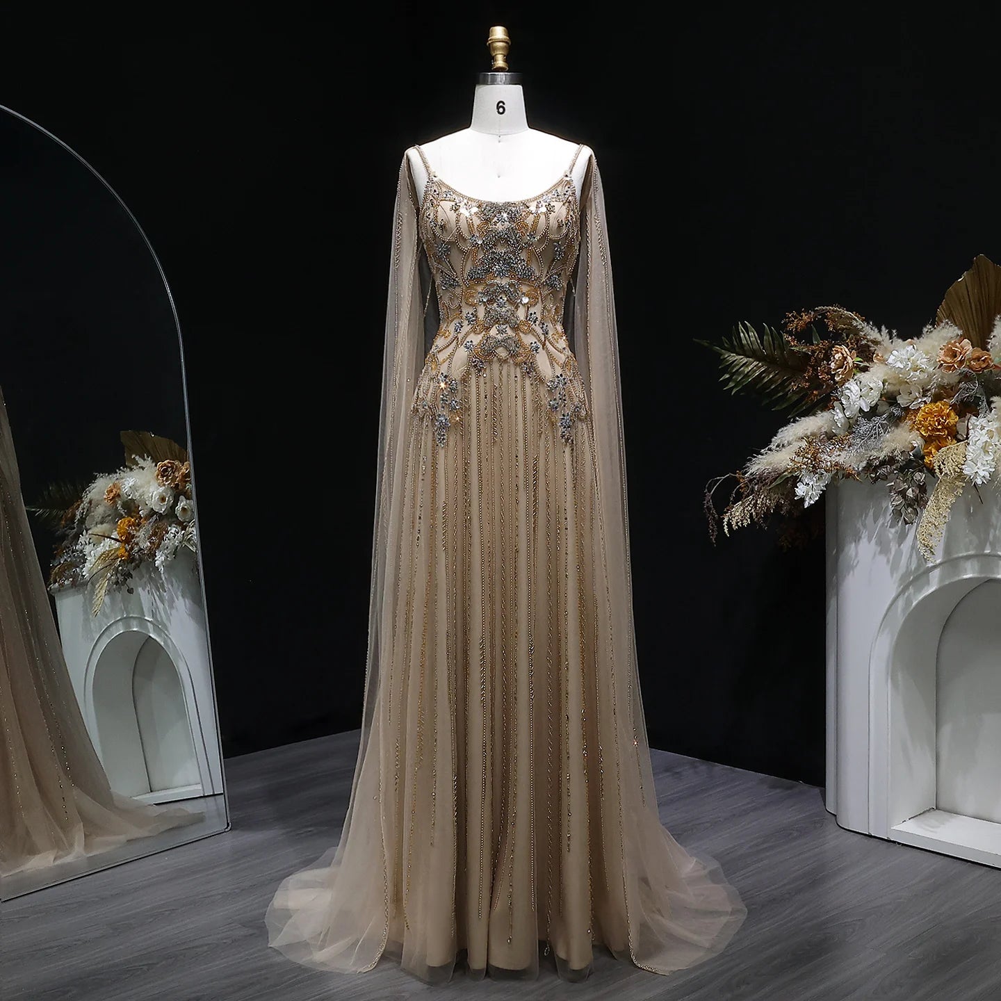 Crystal Beaded Cape Gown | Floral Bodice | Champagne & White