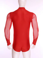 Men's Rhinestone Mesh Leotard | Mock Neck & Long Sleeve | Snap Crotch