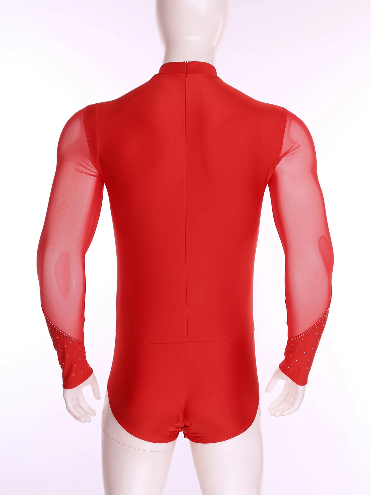 Men's Rhinestone Mesh Leotard | Mock Neck & Long Sleeve | Snap Crotch