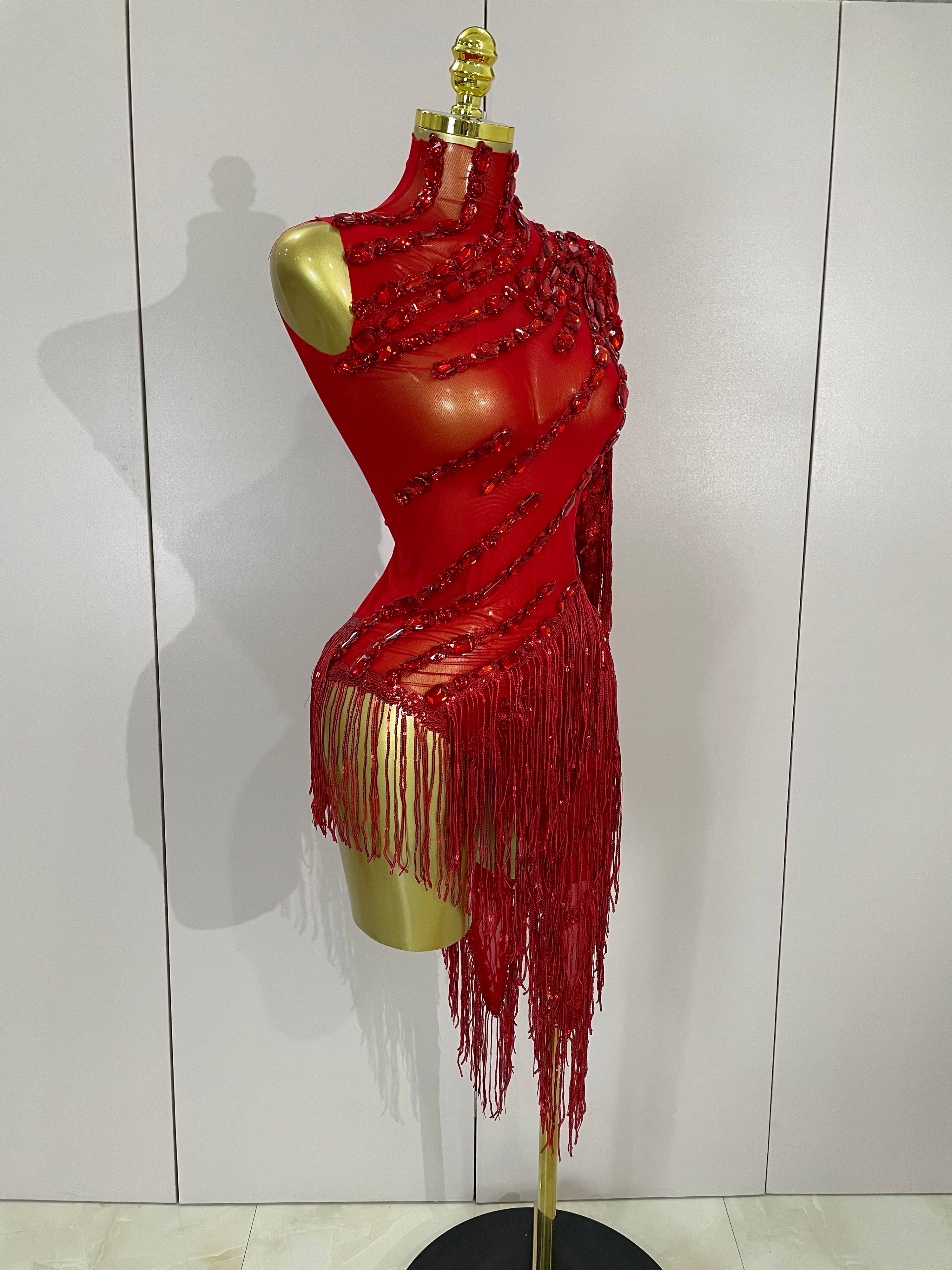 Rhinestone Tassel One-Shoulder Mini Dress | Sheer Mesh | Red, Black & Gold