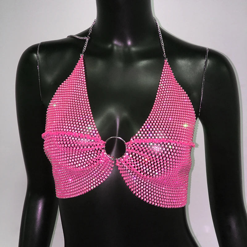 Crystal Fishnet Halter Crop Top - Metal Chain Push-Up Camisole for Stage