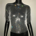 Rhinestone Mesh Long Sleeve Top - Sheer Fishnet Party Shirt