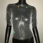 Rhinestone Mesh Long Sleeve Top - Sheer Fishnet Party Shirt