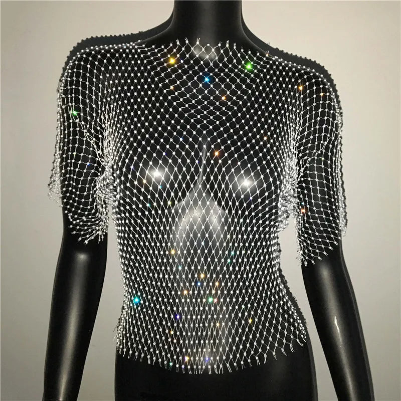 Rhinestone Mesh Long Sleeve Top - Sheer Fishnet Party Shirt
