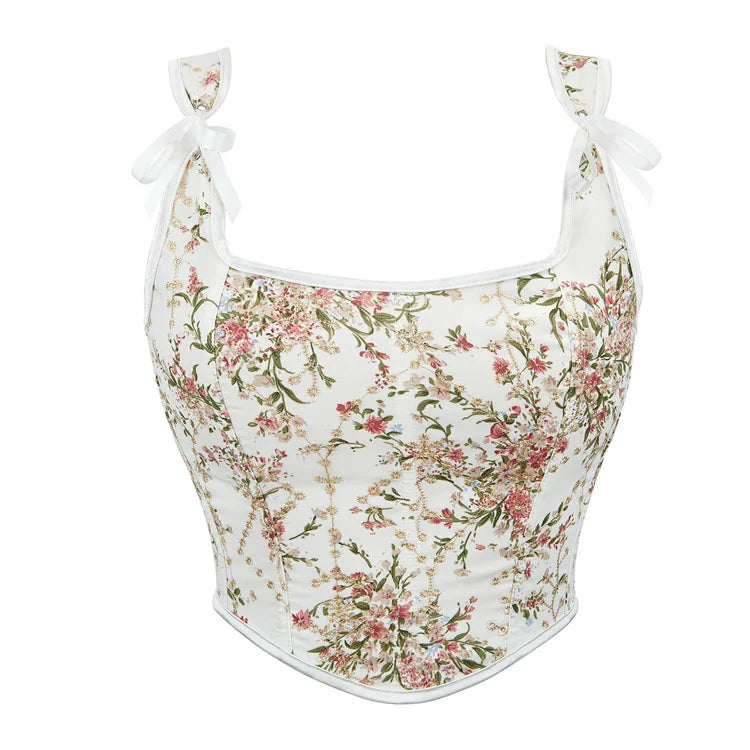 Floral Print Overbust Corset | Straps & Lace-Up | Vintage